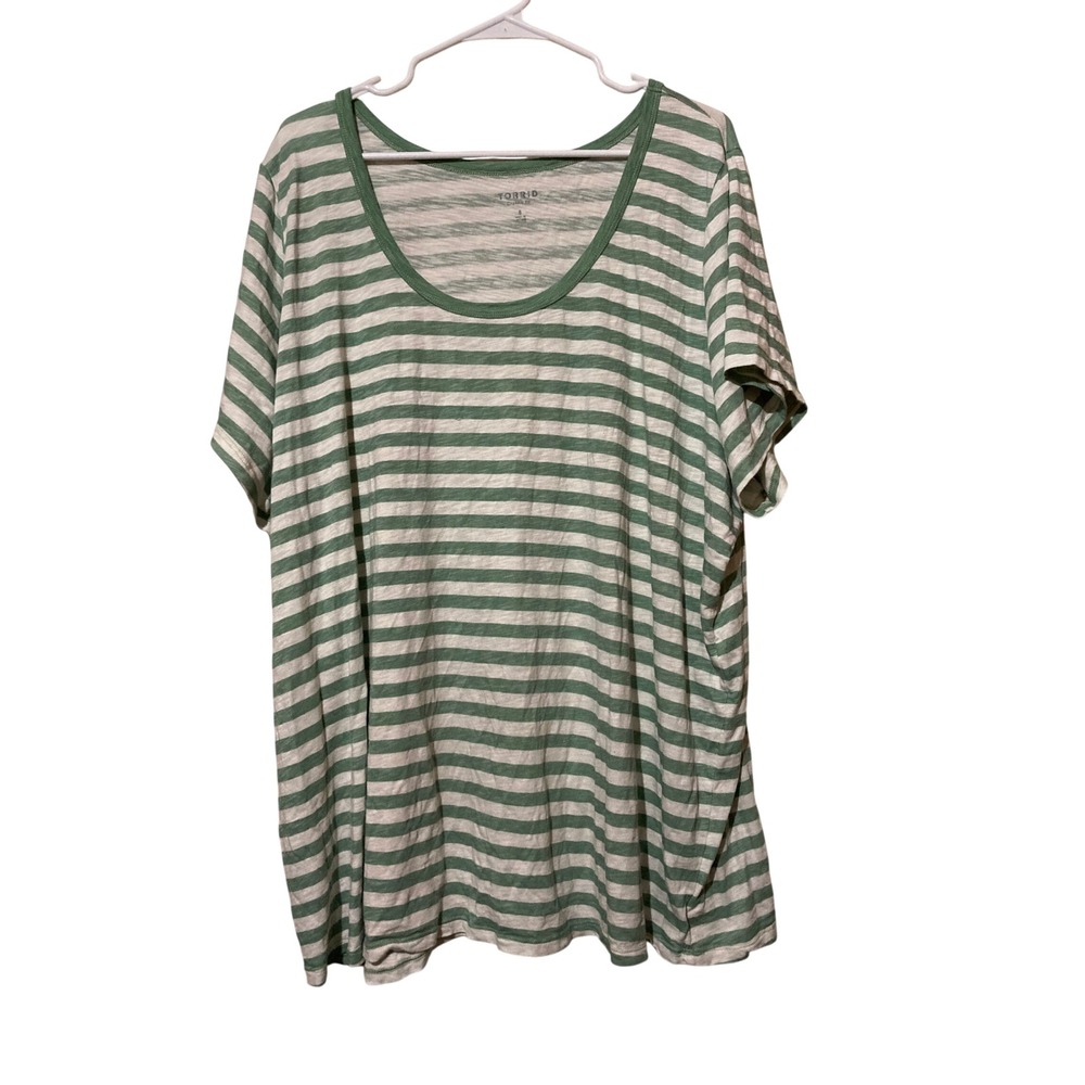 Torrid Classic Fit T-Shirt Size 5 Green White Striped Scoop Neck Short Sleeve